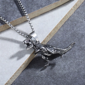 Retro vintage Tyrannosaurus Rex pendant necklace in antique silver stainless steel