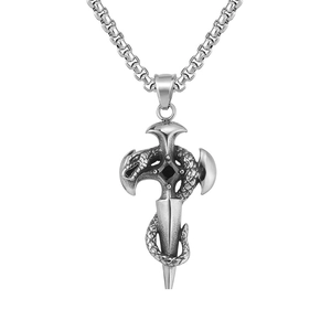 Vintage Gothic Snake Wrapped Sword Cross Pendant For Men Titanium Steel Antique Silver Rhinestone Dagger Necklace Pendant