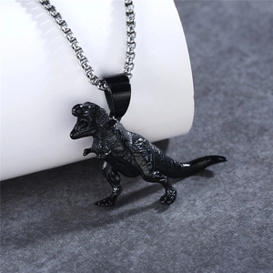 Vintage gothic T-Rex dinosaur pendant necklace with matte black finish and silver box chain