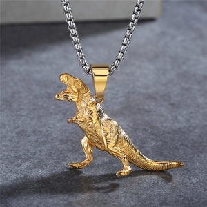 Retro vintage dinosaur pendant necklace in gold and silver stainless steel finish
