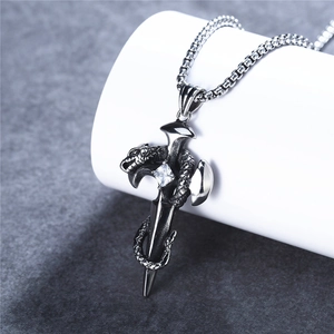 Gothic vintage snake and dagger necklace in antique silver steel with zircon