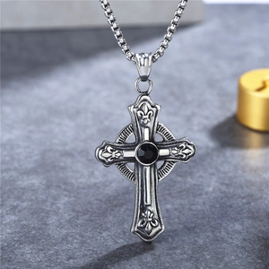 Retro gothic cross pendant necklace with black gemstone and fleur-de-lis engraving