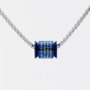 Detailed close-up of blue-purple gradient stainless steel cross cylinder pendant