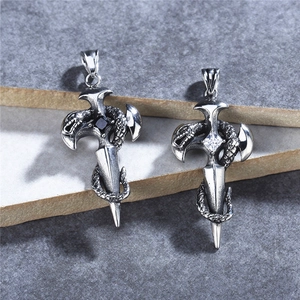Retro gothic snake cross sword pendant necklace with black and white zircon stones