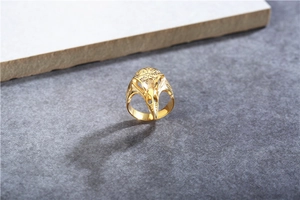 Detailed view of golden Viking Vegvisir compass bird skull ring in gothic style