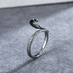 Retro stainless steel cobra wrap ring with detailed snake scales and adjustable open band