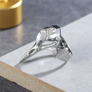 Gothic viking bird skull ring in polished silver steel with vegvisir compass engraving