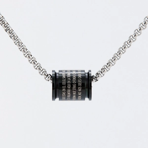 Men's titanium steel cross necklace with black cylinder pendant engraved with Spanish prayer