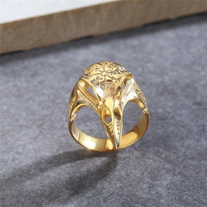 Gothic Viking bird skull ring in gold stainless steel with Nordic Vegvisir compass engraving
