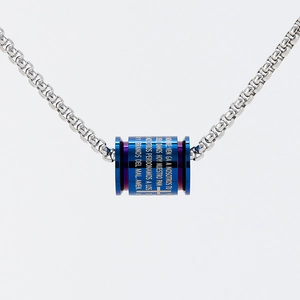 Cross stainless steel necklace with blue purple prayer cylinder pendant on white background