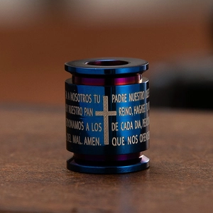 Rainbow titanium steel cylinder cross bead necklace with Spanish Lord's Prayer engraving