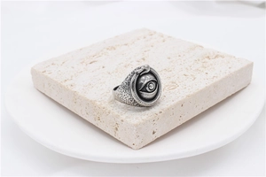 Detailed close-up of retro stainless steel ring with All-Seeing Eye and snake motif