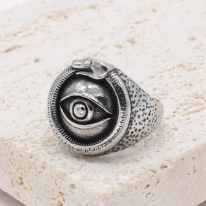 Vintage Titanium Steel Ring For Men Egyptian Pharaoh All Seeing Eye Ouroboros Snake Hammered Pattern Gothic Punk Jewelry