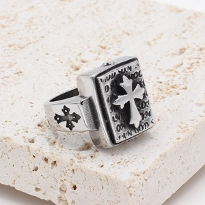 Vintage silver steel cross ring with In God book design for men in punk style