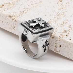 Retro stainless steel cross signet ring for men with vintage silver brushed finish