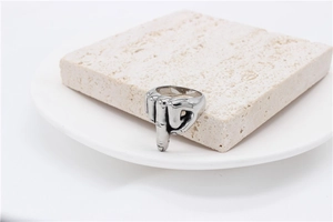 Detailed view of silver stainless steel middle finger gesture ring on stone base
