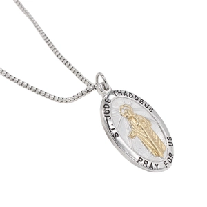 Oval silver and gold St. Jude Thaddeus pendant necklace with prayer engraving and box chain