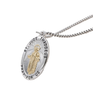 Oval Saint Jude Thaddeus pendant necklace in gold and silver tone stainless steel