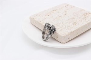 Detailed close-up of retro silver snake ring showing intricate scale texture on rock