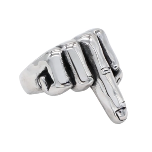 Retro punk rock middle finger gesture ring in silver stainless steel finish