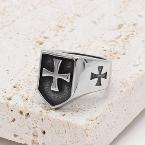 Vintage Men Stainless Steel Ring Gothic Shield Cross Band Retro Punk Biker Jewelry Gift For Him Heavy Metal Style Accessories