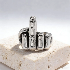 Vintage punk style middle finger hand gesture ring in silver finish stainless steel