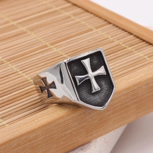 Men's vintage gothic cross shield ring in retro stainless steel with matte black details