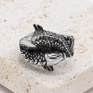 Vintage Stainless Steel Double Koi Fish Ring Retro Chinese Style Carp Punk Band Ring Antique Silver Jewelry For Men Women