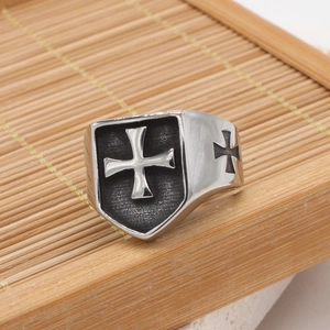 Retro stainless steel shield ring with embossed Maltese cross for men in rocker style