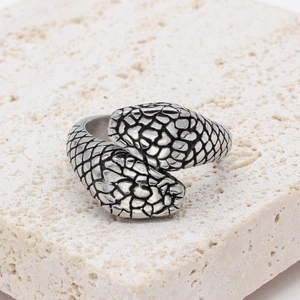 Retro snake-shaped titanium steel ring with vintage textures and overlapping twin heads
