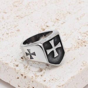 Vintage gothic men's shield ring with a cross design made of polished stainless steel