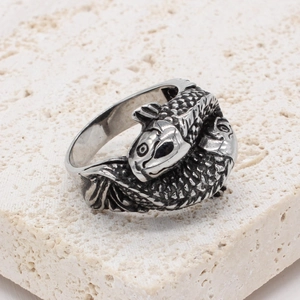 Retro koi fish sculpture ring in vintage silver steel with intricate carved texture details