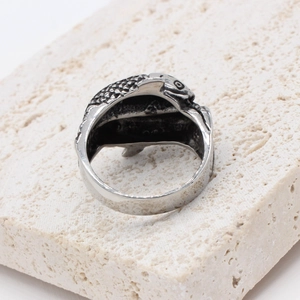 Vintage koi fish titanium steel ring with realistic scale textures and punk aesthetic