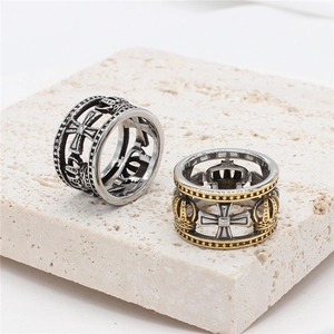 Vintage Gothic Men Stainless Steel Crown Cross Hollow Relief Ring Retro Distressed Two Tone Punk Band Jewelry Ring