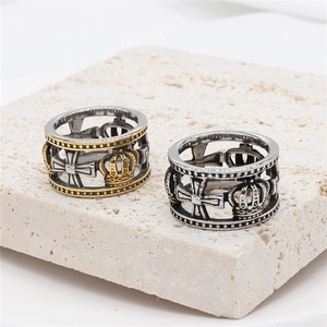 Vintage hollow crown rings with gothic cross patterns in gold and antique silver finish