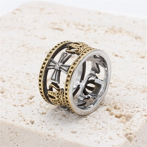 Retro hollow crown cross ring in two-tone gold and silver stainless steel for men