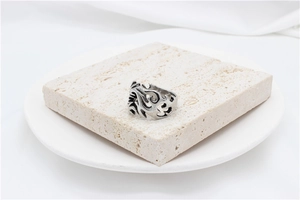 Detailed close-up of a silver dragon totem titanium steel ring on a stone base