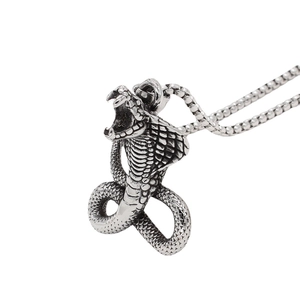 Retro king cobra snake pendant necklace in vintage stainless steel with bead chain