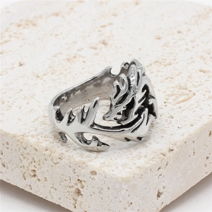 Vintage stainless steel dragon ring with hollow tribal carving and antique silver finish