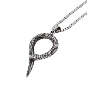 Vintage silver snake pendant necklace in stainless steel with retro serpent scale texture