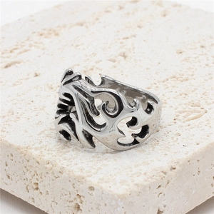 Retro vintage chinese dragon style flame hollow silver stainless steel ring for men