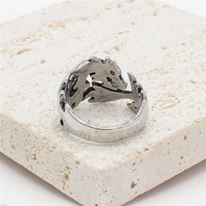 Vintage silver dragon head ring in durable titanium steel for men with retro finish