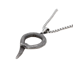 Retro snake pendant necklace in silver finish with detailed scales and box chain