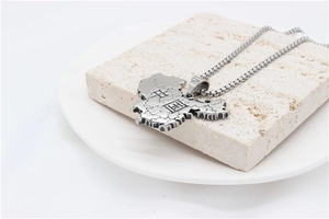 Detailed close-up of retro China map pendant in silver stainless steel on stone stand