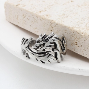 Vintage silver dragon stainless steel ring with detailed scales and open adjustable band