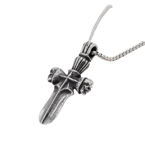 Retro gothic silver dagger pendant necklace with skull details on stainless steel chain