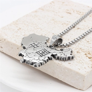 Men's vintage silver stainless steel China map pendant necklace with square bead chain