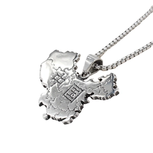 Retro stainless steel necklace with a Chinese map pendant and box chain on white background