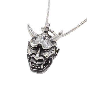 Vintage gothic Prajna mask pendant necklace in antique silver steel with box chain