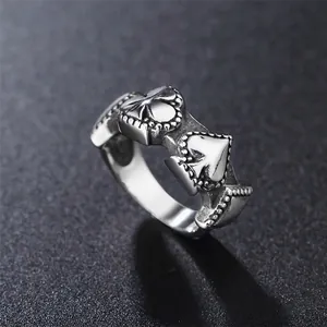 Retro gothic skull and spade carved stainless steel ring with oxidized silver finish
